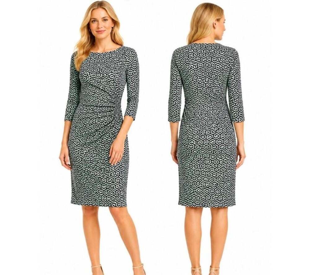 J. McLaughlin Catalina Cloth Faux Wrap Dress Size S Mint Black Geometric Print
